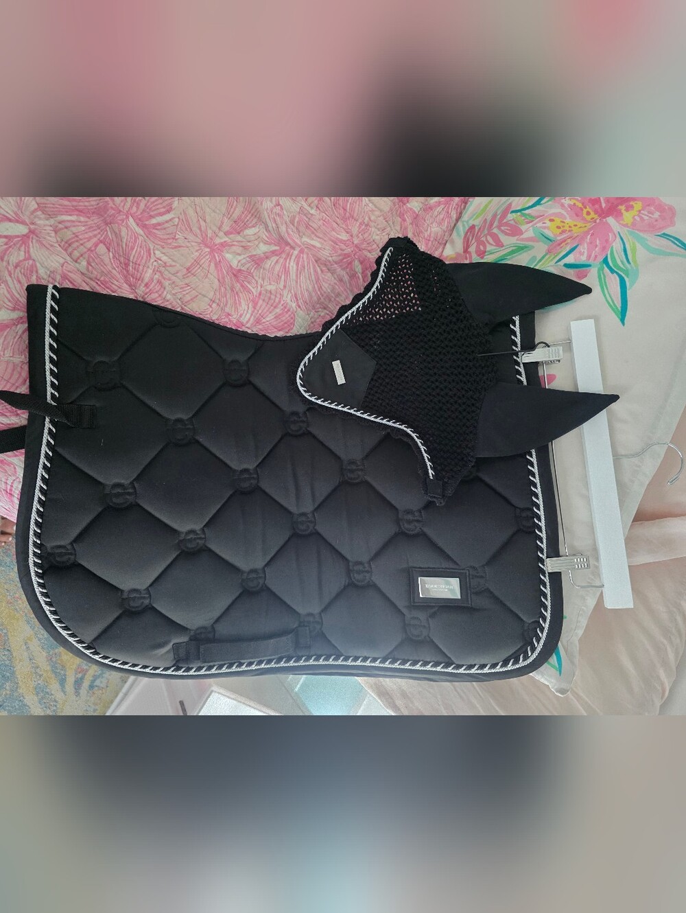 Equestrian Stockholm Black Jump Saddle Pad and Ear Bonnet Set Full EUC